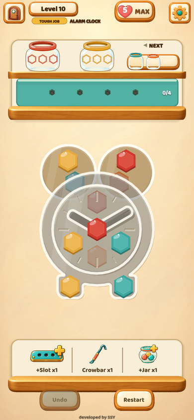 Level 10: colorful bolts on layered glass plates, matching jars and a wooden tool shelf